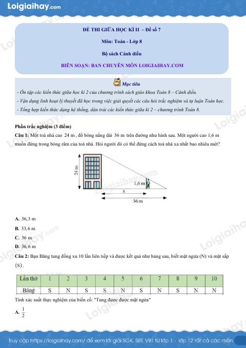 Đề thi giữa kì 2 Toán 8 - Đề số 7 - Cánh diều